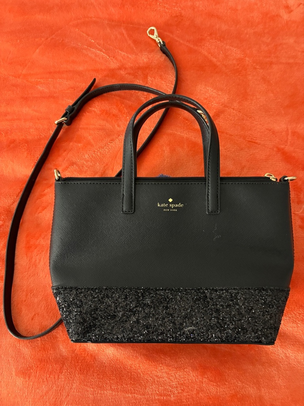 kate spade Black Leather Satchel with Black Glitter Base